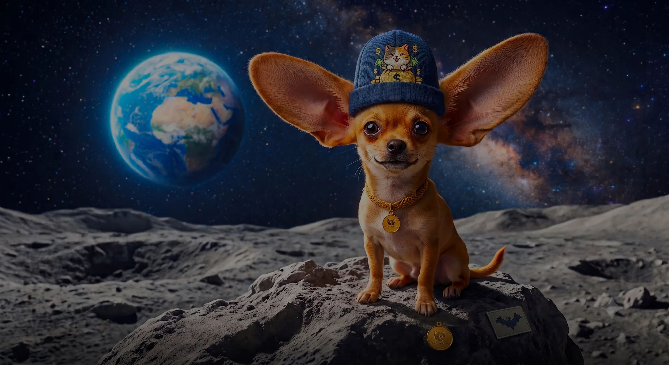 The MoonEars dog on the lunar surface, gold chain and cap on, looking back at Earth