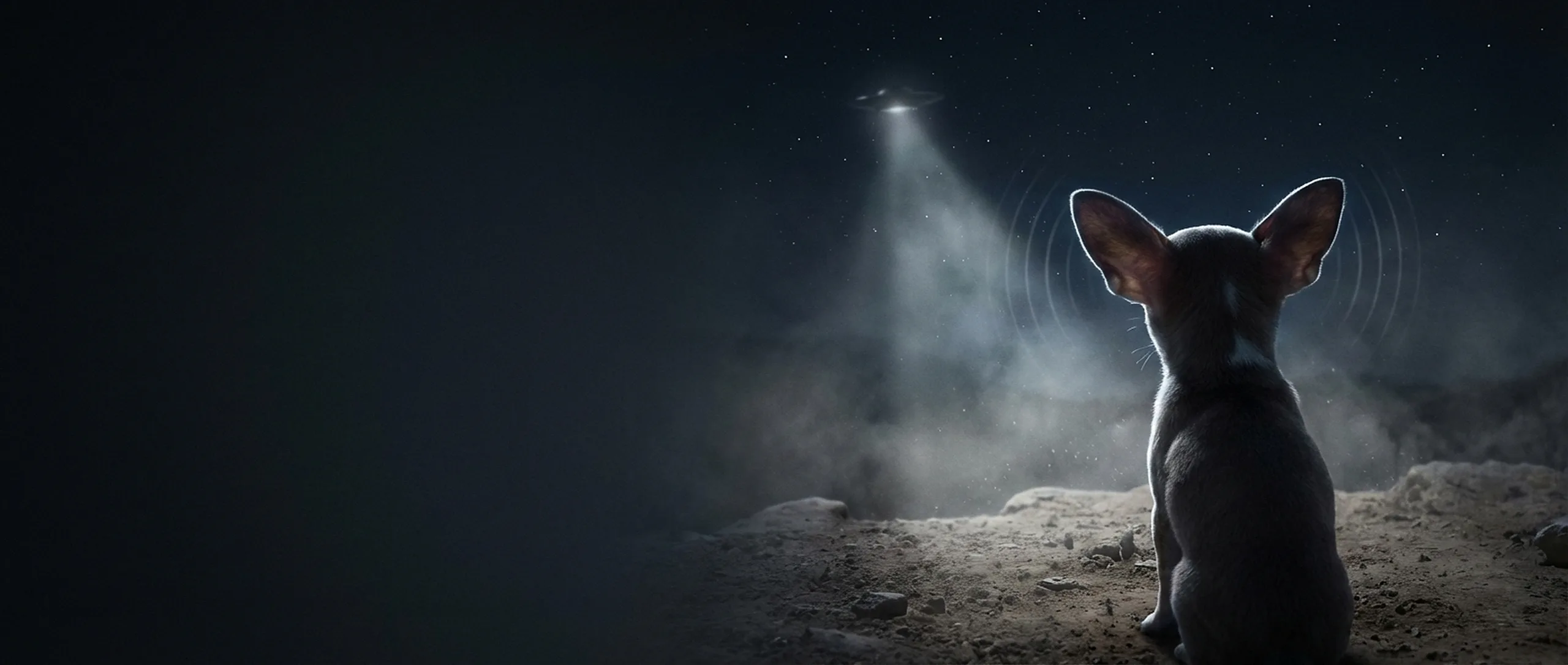 A small dog with big ears sitting on a moonlit ridge at night, radar waves rippling from its ears as it watches a UFO beam light down